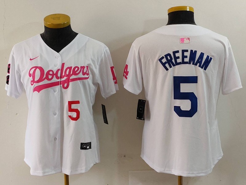 Women's Los Angeles Dodgers #5 Freddie Freeman White Pink With Patch Limited Stitched Jerseys