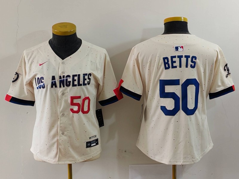 Women's Los Angeles Dodgers #50 Mookie Betts Number Cream 2024 City Connect Limited Stitched Jersey