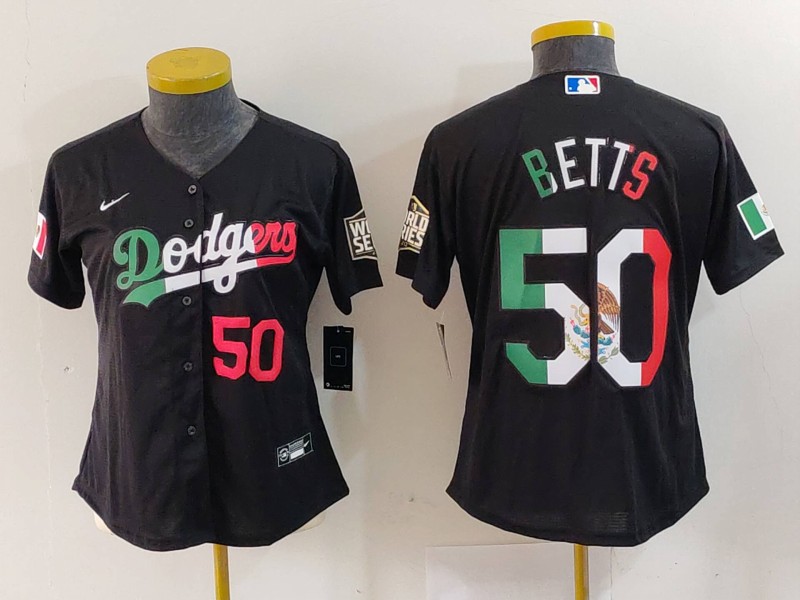 Women's Los Angeles Dodgers #50 Mookie Betts Number Mexico Black Cool Base Stitched Jersey