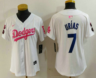 Women's Los Angeles Dodgers #7 Julio Urias White Pink With Patch Limited Stitched Jersey