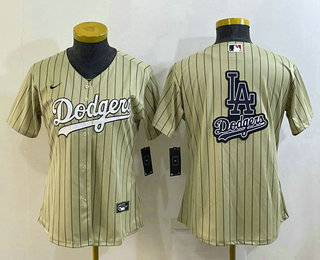 Women's Los Angeles Dodgers Big Logo Number Cream Pinstripe Stitched MLB Cool Base Nike Jerseys