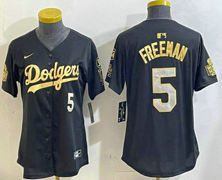 Women's Los Men's Los Angeles Dodgers #5 Freddie Freeman Black Gold 2024 World Series 34 Patch Stitched Cool Base Jersey