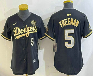 Women's Los Men's Los Angeles Dodgers #5 Freddie Freeman Black Gold 2024 World Series 34 Patch Stitched Cool Base Jerseys