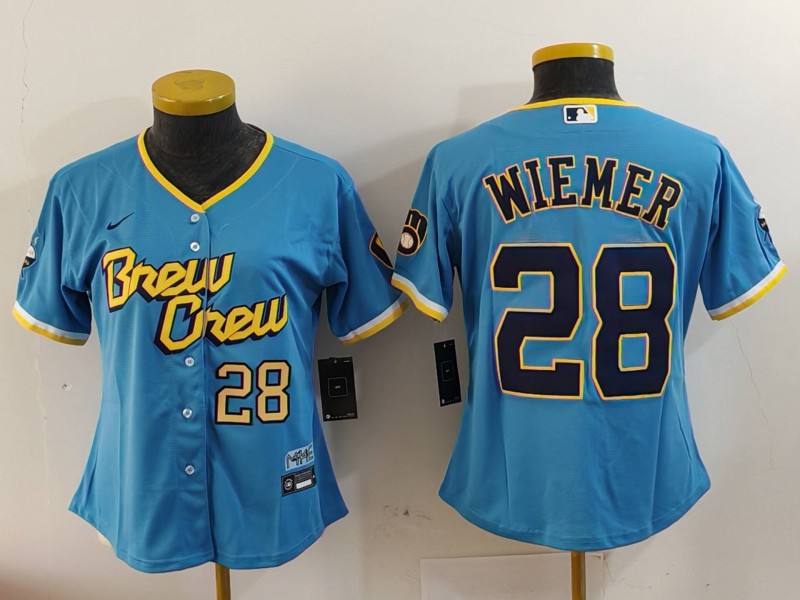 Women's Milwaukee Brewers #28 Joey Wiemer Blue 2022 City Connect Cool Base Stitched Jerseys