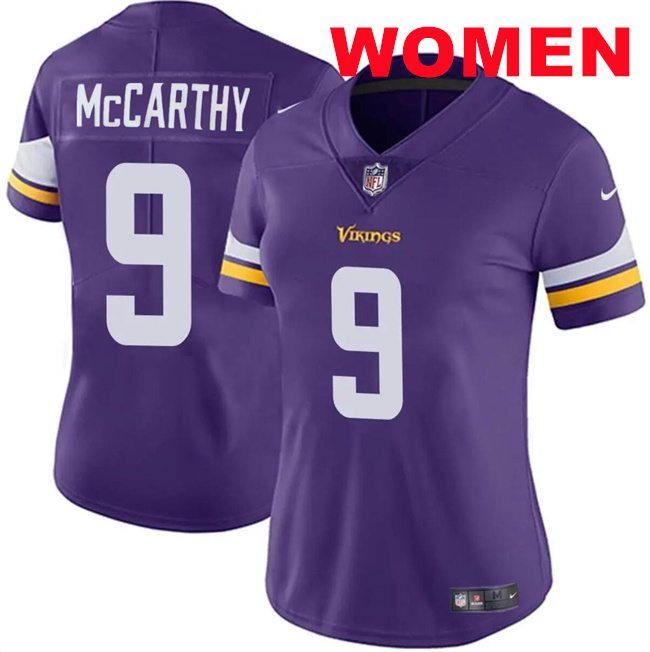 Women's Minnesota Vikings #9 J.J. McCarthy Purple 2024 Draft Vapor Stitched Jersey(Run Small)