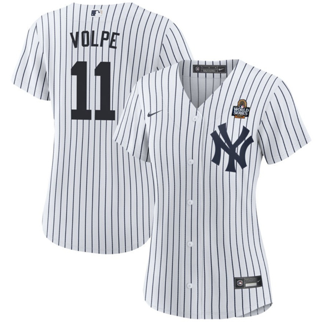 Women's New York Yankees #11 Anthony Volpe White 2024 World Series With Name Cool Base Stitched Baseball Jersey(Run Small)