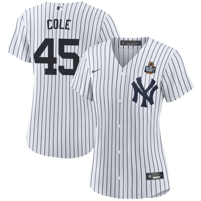 Women's New York Yankees #45 Gerrit Cole White 2024 World Series With Name Cool Base Stitched Baseball Jersey(Run Small)