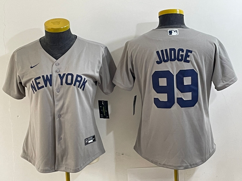 Women's New York Yankees #99 Aaron Judge Name 2021 Grey Field of Dreams Cool Base Stitched Jersey