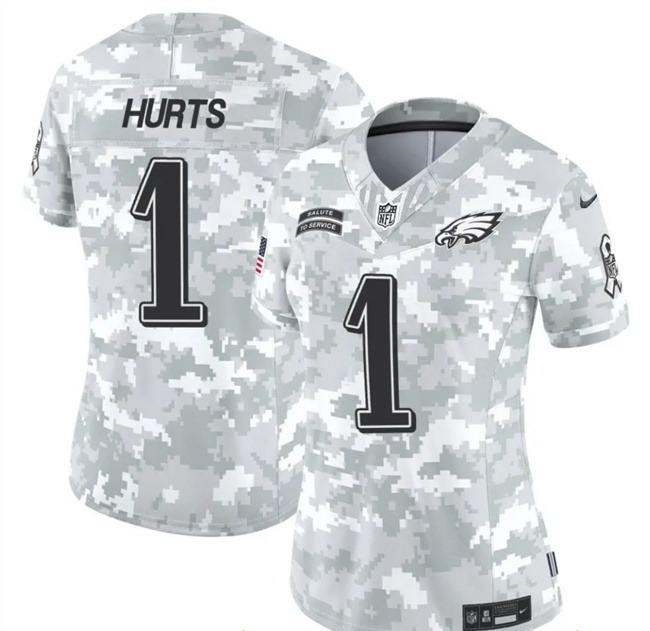 Women's Philadelphia Eagles #1 Jalen Hurts 2024 F.U.S.E Arctic Camo Salute To Service Limited Stitched Jersey(Run Small)