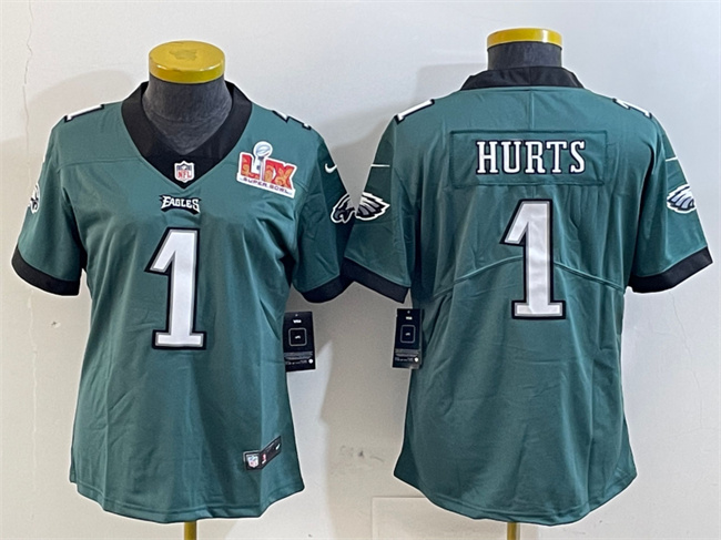 Women's Philadelphia Eagles #1 Jalen Hurts Green 2025 Super Bowl LIX Patch Vapor Untouchable Limited Stitched Football Jersey(Run Small)