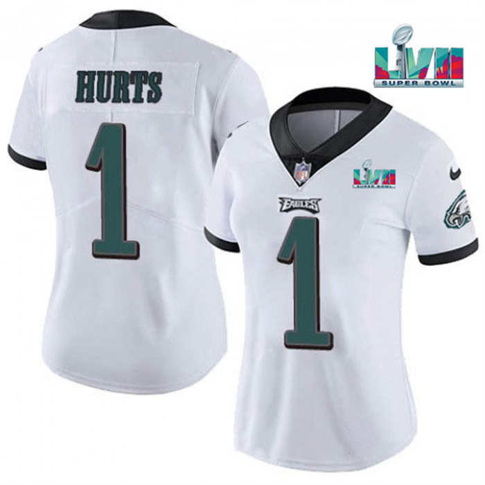 Women's Philadelphia Eagles #1 Jalen Hurts White Super Bolw LVII Patch Vapor Untouchable Limited Stitched Football Jersey(Run Small)