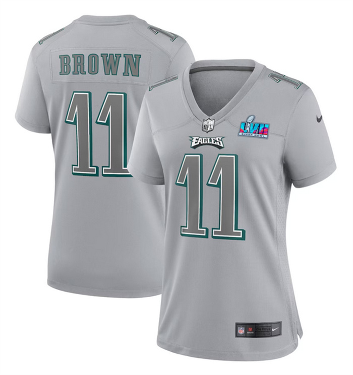 Women's Philadelphia Eagles #11 A.J. Brown Grey Super Bowl LVII Patch Atmosphere Fashion Stitched Game Jersey(Run Smal