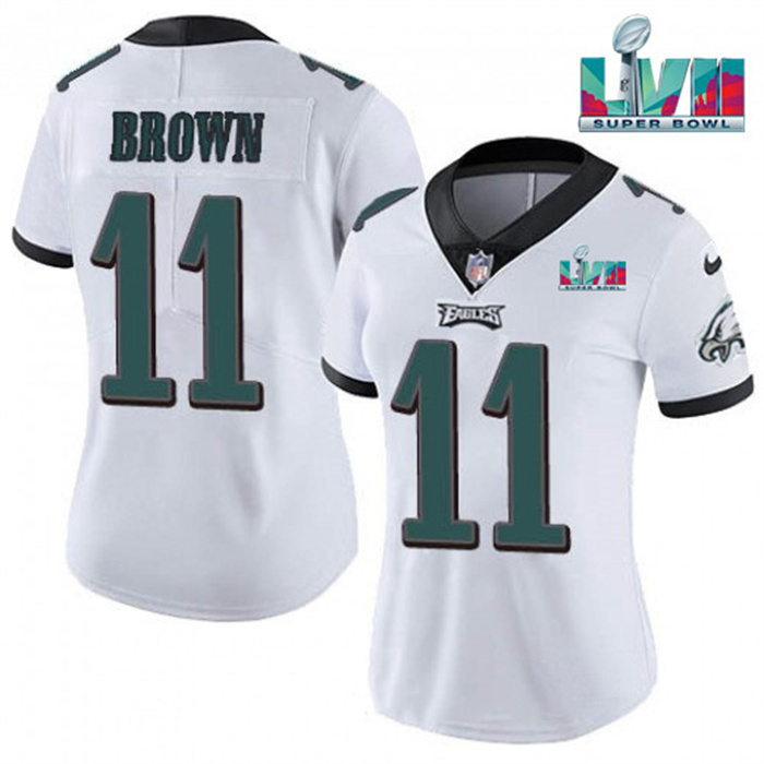 Women's Philadelphia Eagles #11 A.J. Brown White Super Bolw LVII Patch Vapor Untouchable Limited Stitched Football Jersey(Run Small)