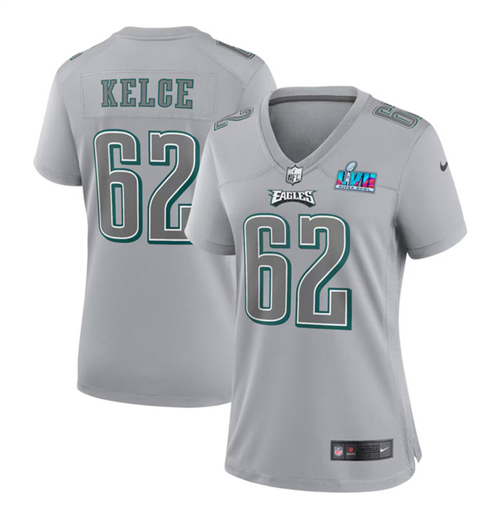 Women's Philadelphia Eagles #62 Jason Kelce Grey Super Bowl LVII Patch Atmosphere Fashion Stitched Game Jersey(Run Smal