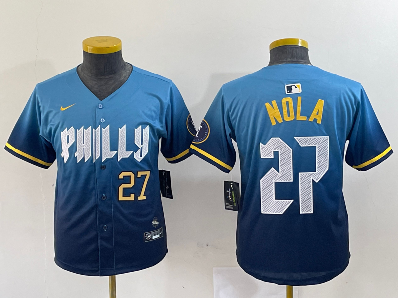 Women's Philadelphia Phillies #27 Aaron Nola Blue 2024 City Connect Limited Stitched Jerseys