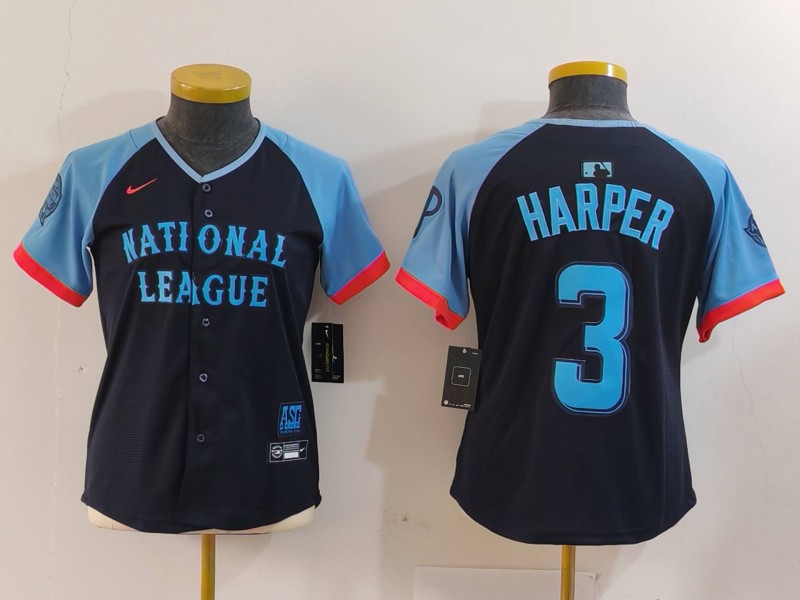 Women's Philadelphia Phillies #3 Bryce Harper Number Navy 2024 All Star Limited Stitched Jersey