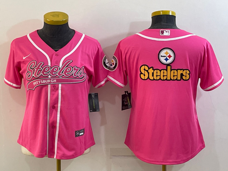 Women's Pittsburgh Steelers Pink Team Big Logo With Patch Cool Base Stitched Baseball Jersey