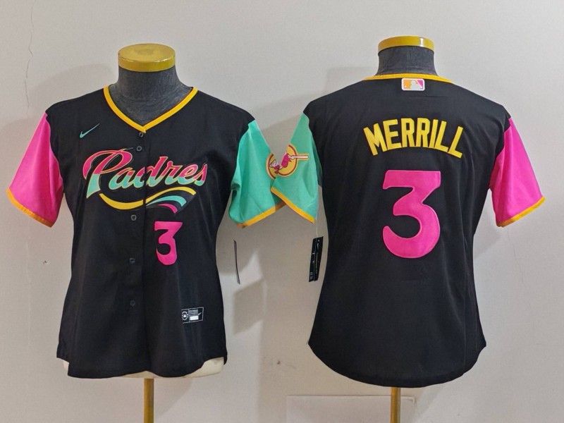 Women's San Diego Padres #3 Jackson Merrill Black Player Number Fashion Baseball Jersey