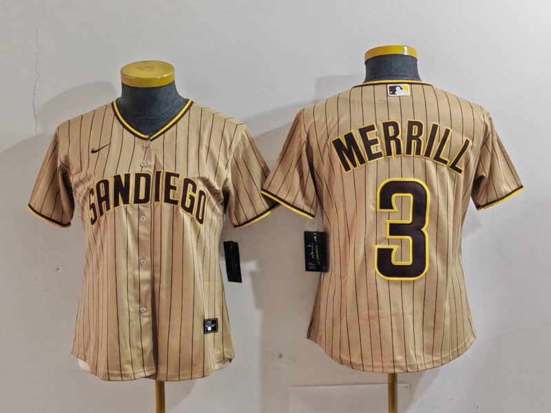 Women's San Diego Padres #3 Jackson Merrill Tan NEW 2023 Cool Base Stitched Jersey