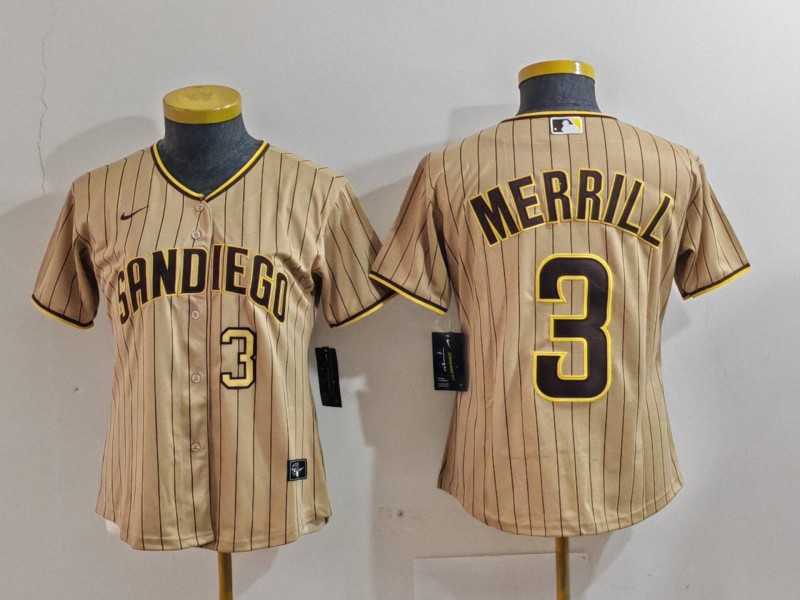 Women's San Diego Padres #3 Jackson Merrill Tan NEW 2023 Cool Base Stitched Jerseys