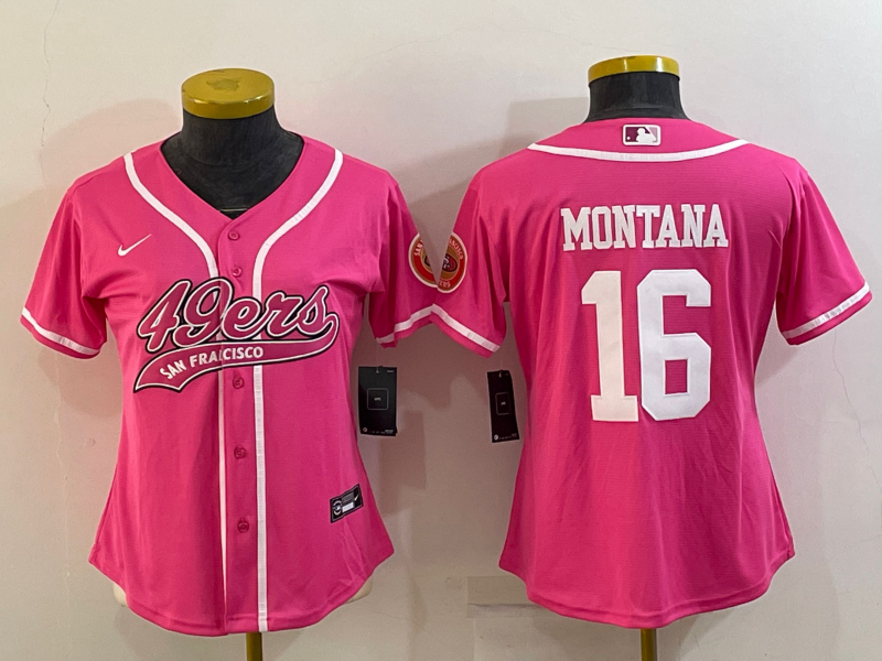 Women's San Francisco 49ers #16 Joe Montana Pink With Patch Cool Base Stitched Baseball Jersey