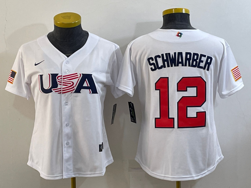 Women's USA Baseball #12 Kyle Schwarber 2023 White World Baseball Classic Stitched Jersey(Run Small)