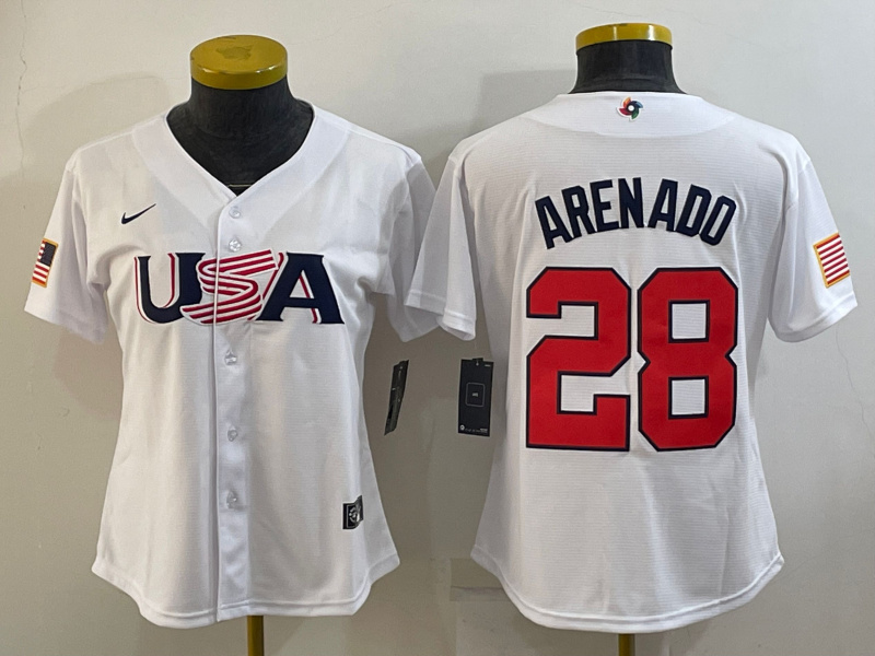 Women's USA Baseball #28 Nolan Arenado 2023 White World Baseball Classic Stitched Jersey(Run Small)