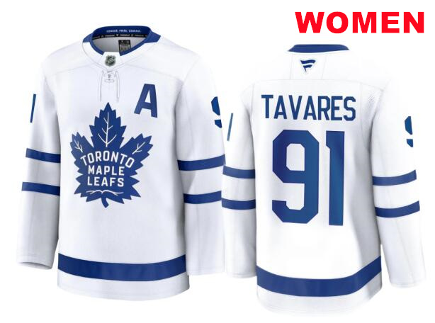 Women Toronto Maple Leafs #91 John Tavares With A Patch White Away 2024-25 Stitched NHL fanatics Jersey