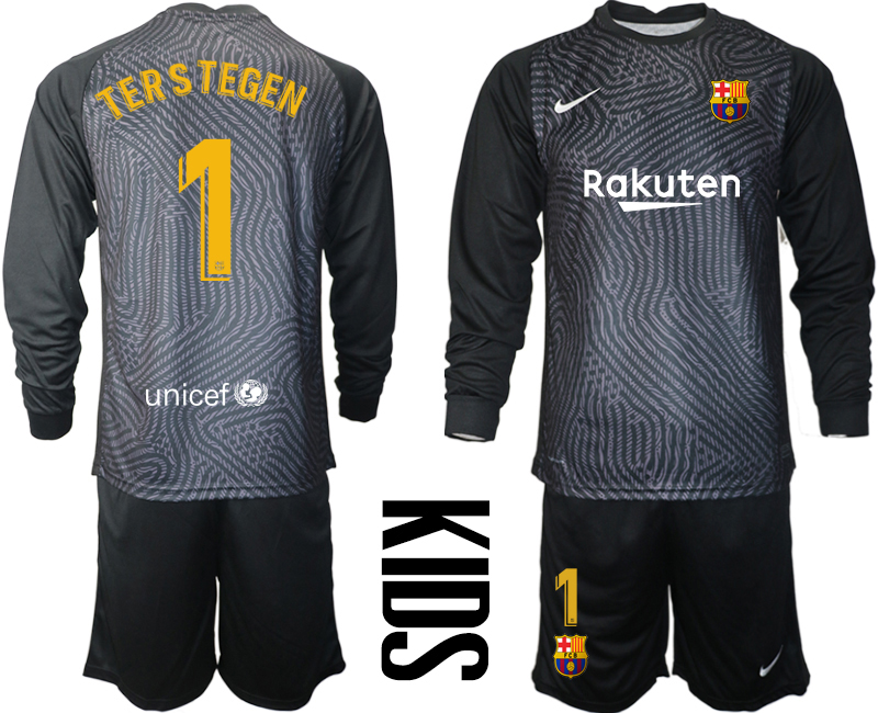 Youth 2020-21 Barcelona black goalkeeper 1# TERSTEGEN long sleeve soccer jerseys