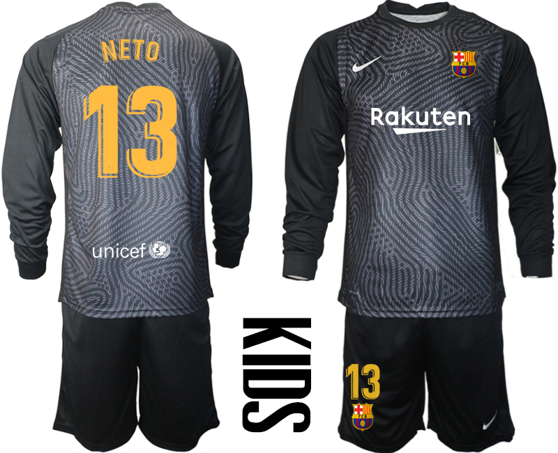 Youth 2020-21 Barcelona black goalkeeper 13# NETO long sleeve soccer jerseys