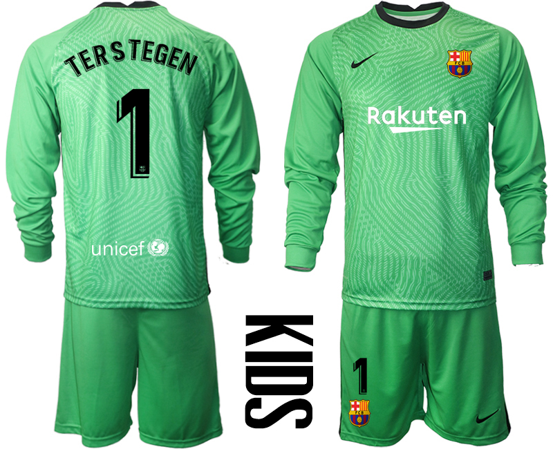 Youth 2020-21 Barcelona green goalkeeper 1# TERSTEGEN long sleeve soccer jerseys