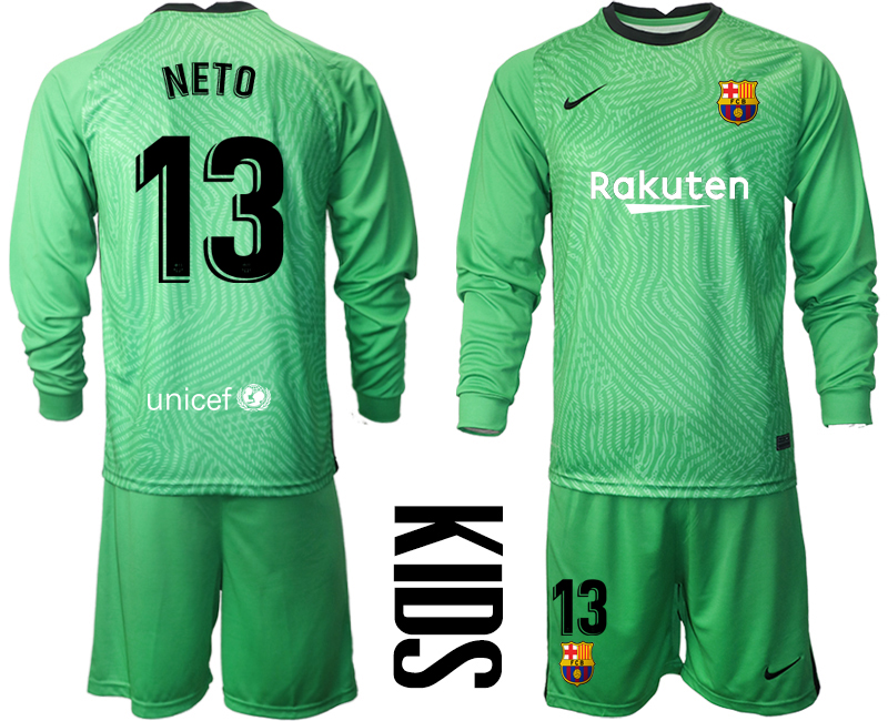 Youth 2020-21 Barcelona green goalkeeper 13# NETO long sleeve soccer jerseys