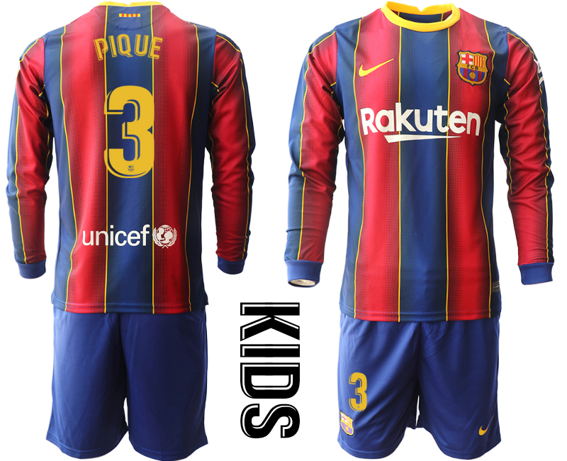 Youth 2020-21 Barcelona home 3# PIQUE long sleeve soccer jerseys