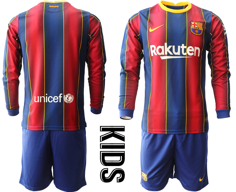 Youth 2020-21 Barcelona home long sleeve soccer jerseys