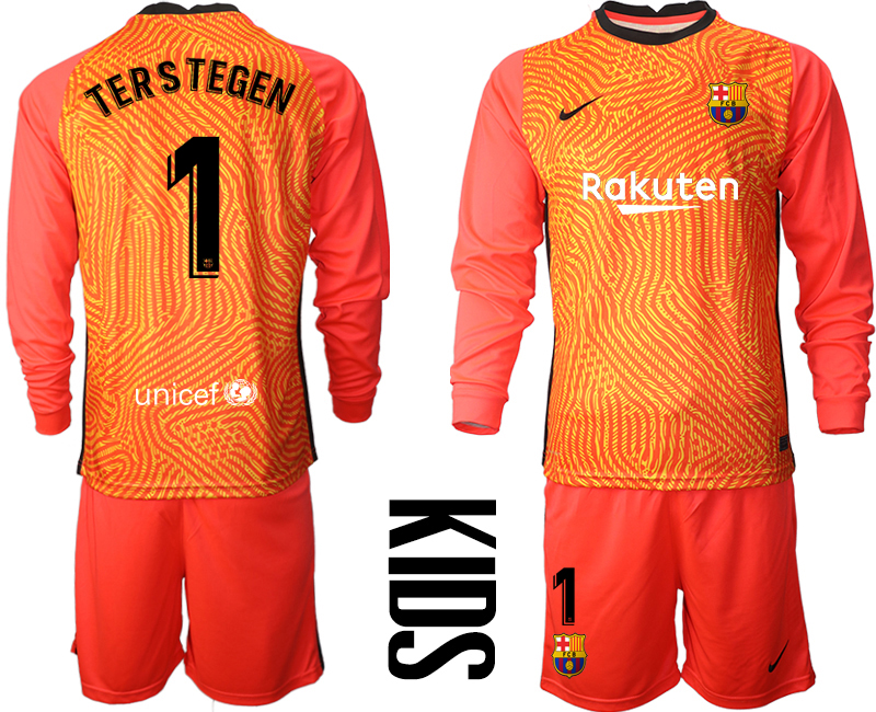 Youth 2020-21 Barcelona red goalkeeper 1# TERSTEGEN long sleeve soccer jerseys