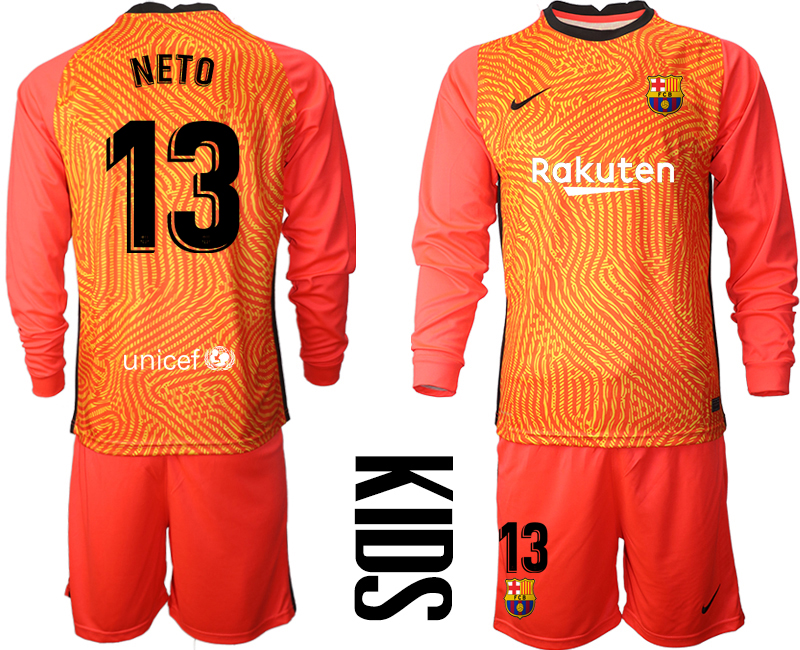 Youth 2020-21 Barcelona red goalkeeper 13# NETO long sleeve soccer jerseys