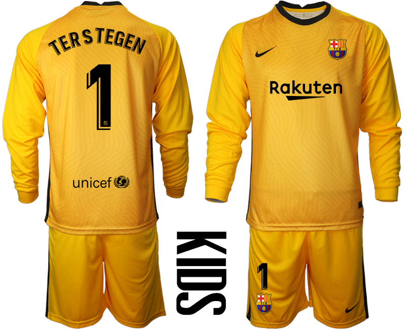 Youth 2020-21 Barcelona yellow goalkeeper 1# TERSTEGEN long sleeve soccer jerseys