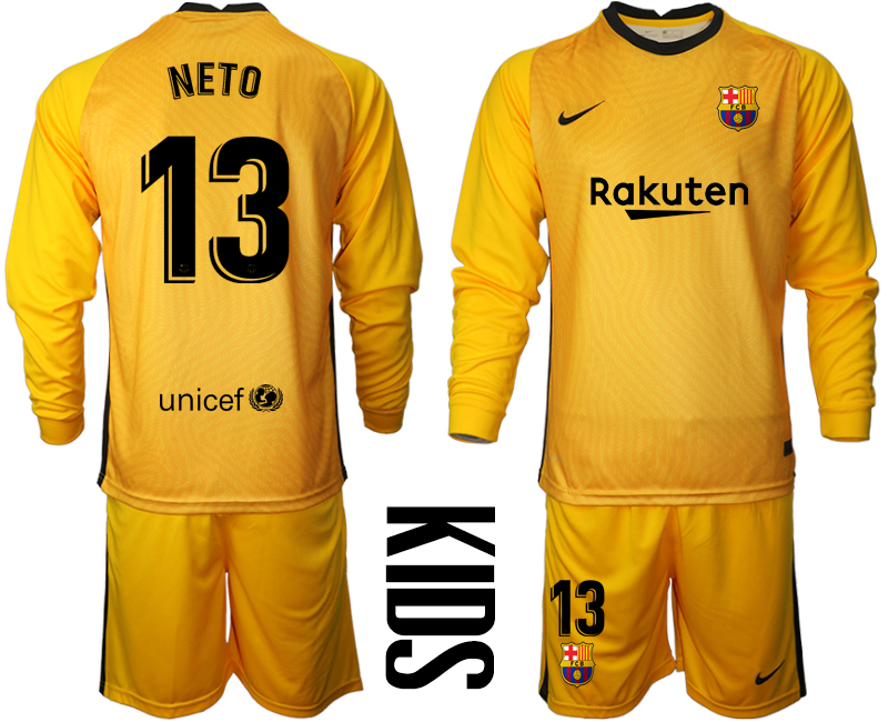 Youth 2020-21 Barcelona yellow goalkeeper 13# NETO long sleeve soccer jerseys