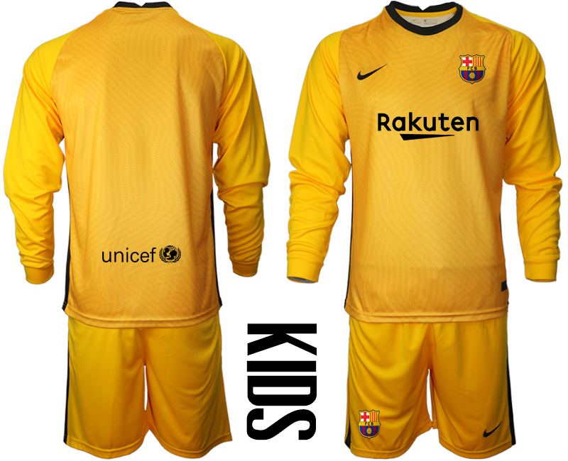 Youth 2020-21 Barcelona yellow goalkeeper long sleeve soccer jerseys