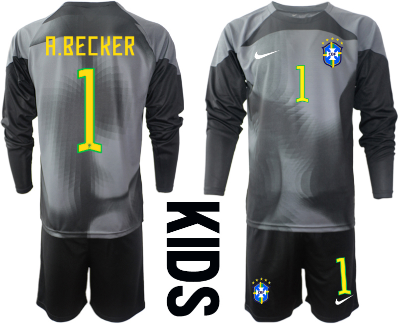 Youth 2022-2023 Brazil 1 A.BECKER black goalkeeper long sleeve kids jerseys Suit