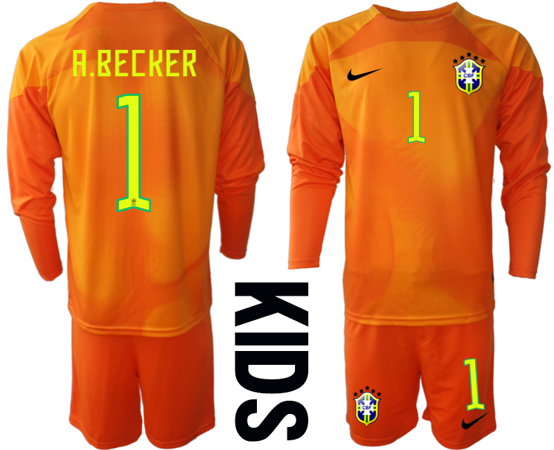 Youth 2022-2023 Brazil 1 A.BECKER red goalkeeper long sleeve kids jerseys Suit