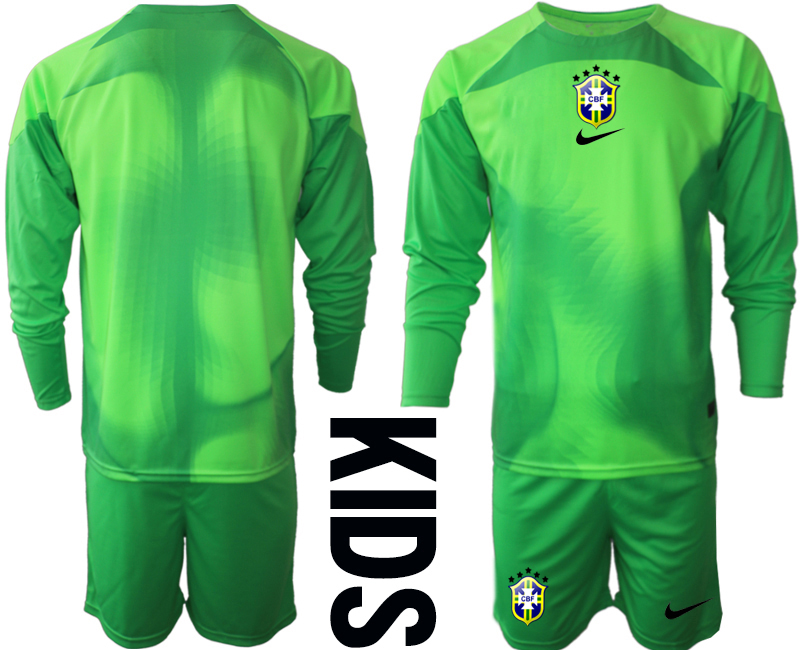 Youth 2022-2023 Brazil Blank green goalkeeper long sleeve kids jerseys Suit