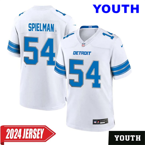 Youth's Chris Spielman No 54 Detroit Lions Away Game 2024 Jersey – White