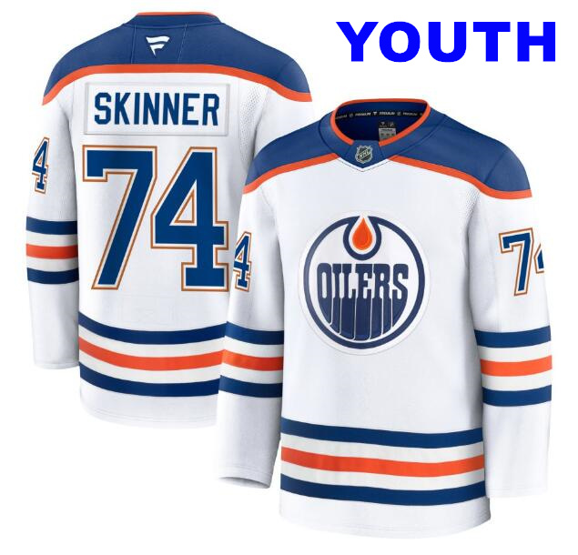 Youth Edmonton Oilers #74 Stuart Skinner Fanatics White 2024-25 Away Premium Jersey