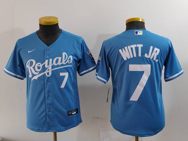 Youth Kansas City Royals #7 Bobby Witt Jr Number Light Blue Cool Base Stitched Jersey