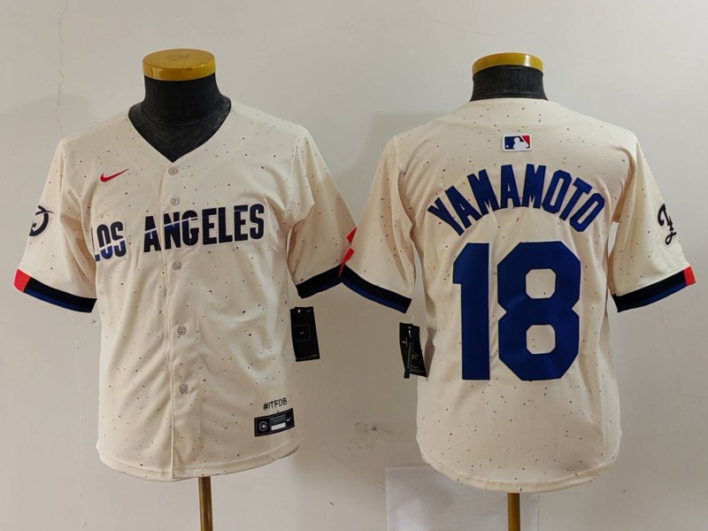 Youth Los Angeles Dodgers #18 Yoshinobu Yamamoto Cream 2024 City Connect Limited Stitched Jersey