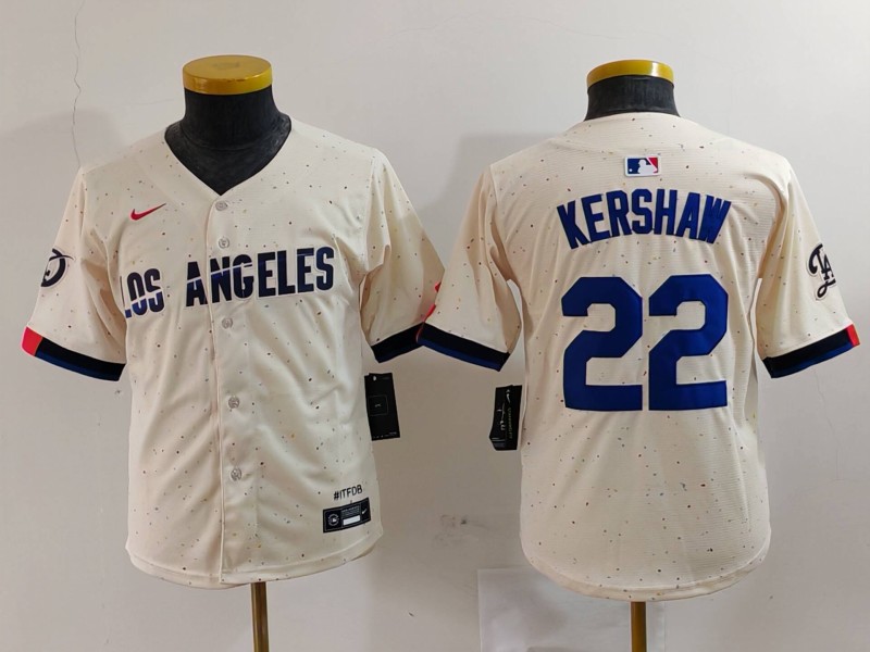 Youth Los Angeles Dodgers #22 Clayton Kershaw Cream 2024 City Connect Limited Stitched Jersey