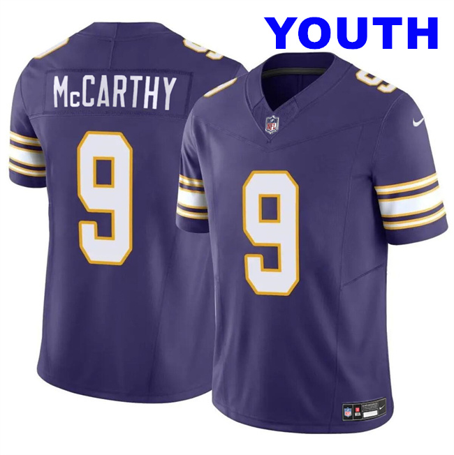 Youth Minnesota Vikings #9 J.J. McCarthy Purple 2024 Draft F.U.S.E. Throwback Vapor Untouchable Limited Stitched Jersey