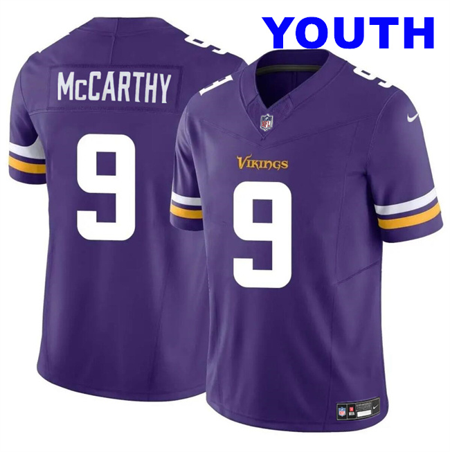 Youth Minnesota Vikings #9 J.J. McCarthy Purple 2024 Draft F.U.S.E. Vapor Untouchable Limited Stitched Jersey