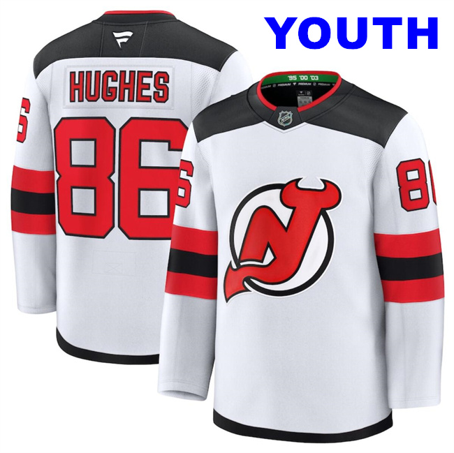 Youth New Jersey Devils #86 Hughes Fanatics White 2024-25 Away Stitched Hockey Jersey